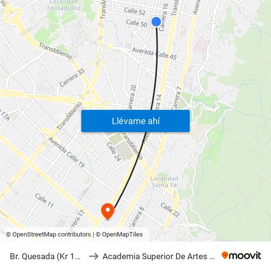 Br. Quesada (Kr 17 - Cl 51) (A) to Academia Superior De Artes De Bogota - Asab map