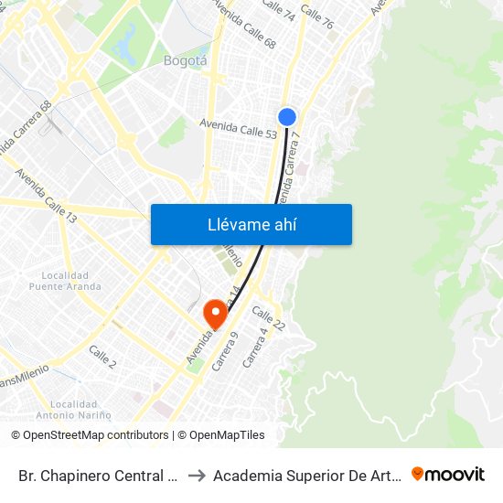 Br. Chapinero Central (Ak 13 - Cl 57) (A) to Academia Superior De Artes De Bogota - Asab map