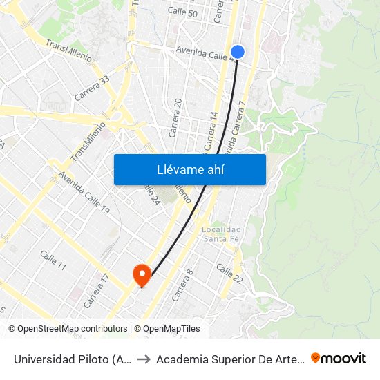 Universidad Piloto (Ak 13 - Cl 46) (A) to Academia Superior De Artes De Bogota - Asab map