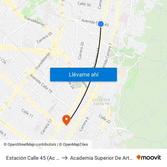 Estación Calle 45 (Ac 45 - Av. Caracas) to Academia Superior De Artes De Bogota - Asab map