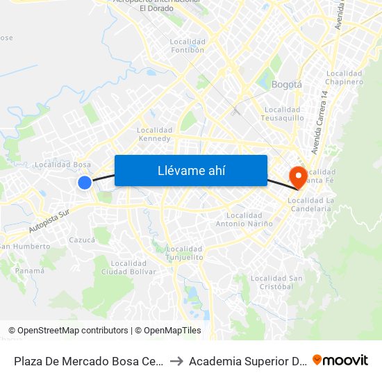 Plaza De Mercado Bosa Centro (Cl 63 Sur - Av. A. Mejía) (B) to Academia Superior De Artes De Bogota - Asab map