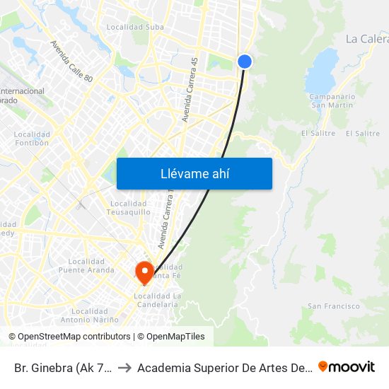 Br. Ginebra (Ak 7 - Cl 134) to Academia Superior De Artes De Bogota - Asab map