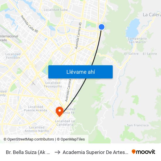 Br. Bella Suiza (Ak 7 - Cl 129) (A) to Academia Superior De Artes De Bogota - Asab map