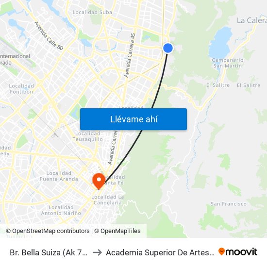 Br. Bella Suiza (Ak 7 - Cl 127a) (A) to Academia Superior De Artes De Bogota - Asab map