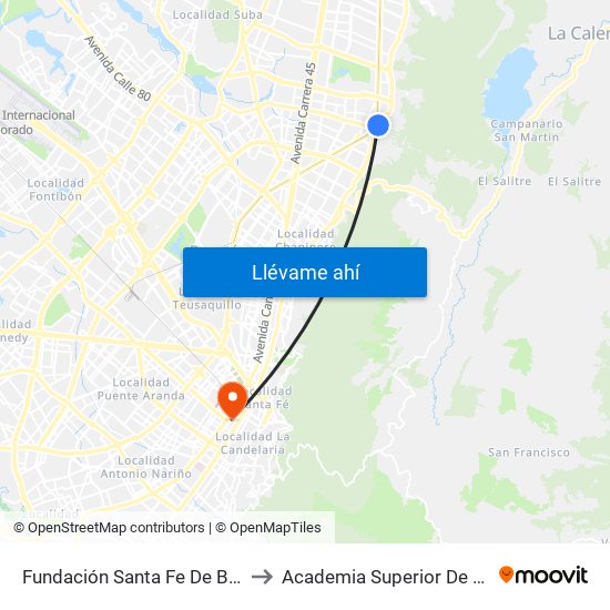 Fundación Santa Fe De Bogotá (Ak 7 - Cl 117) (A) to Academia Superior De Artes De Bogota - Asab map