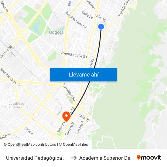 Universidad Pedagógica Nacional (Ak 11 - Ac 72) (A) to Academia Superior De Artes De Bogota - Asab map