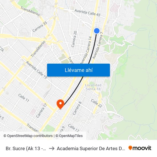 Br. Sucre (Ak 13 - Cl 40) (A) to Academia Superior De Artes De Bogota - Asab map