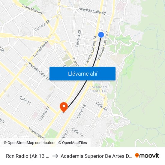 Rcn Radio (Ak 13 - Cl 38) (A) to Academia Superior De Artes De Bogota - Asab map