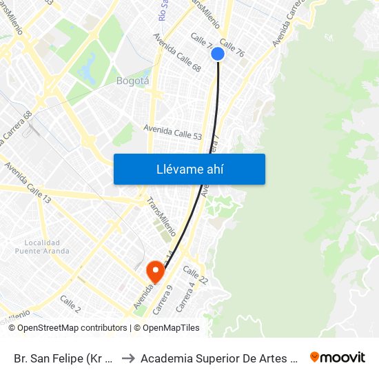 Br. San Felipe (Kr 20a - Cl 74) to Academia Superior De Artes De Bogota - Asab map