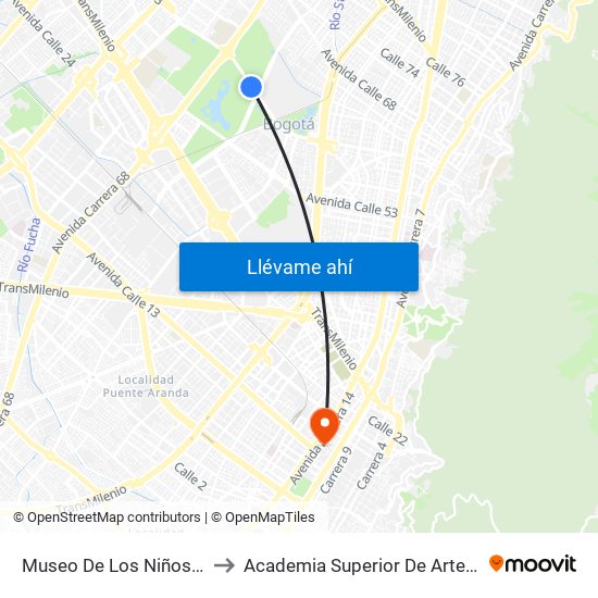 Museo De Los Niños (Ac 63 - Kr 65) to Academia Superior De Artes De Bogota - Asab map