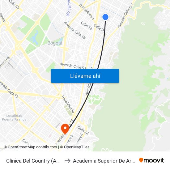 Clínica Del Country (Ak 15 - Cl 84 Bis) (A) to Academia Superior De Artes De Bogota - Asab map