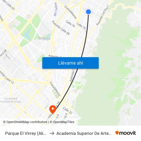 Parque El Virrey (Ak 15 - Cl 87) (A) to Academia Superior De Artes De Bogota - Asab map