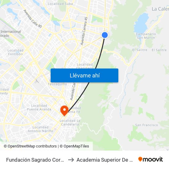 Fundación Sagrado Corazón (Ak 7 - Cl 116) (A) to Academia Superior De Artes De Bogota - Asab map