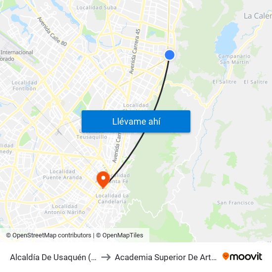 Alcaldía De Usaquén (Ak 7 - Cl 119) (A) to Academia Superior De Artes De Bogota - Asab map