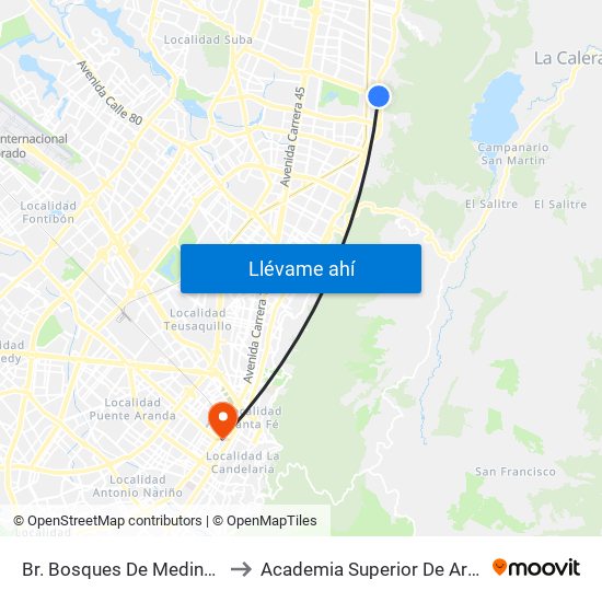 Br. Bosques De Medina (Ak 7 - Cl 132) (A) to Academia Superior De Artes De Bogota - Asab map