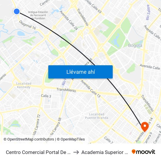 Centro Comercial Portal De La Sabana (Av. Centenario - Kr 106) to Academia Superior De Artes De Bogota - Asab map