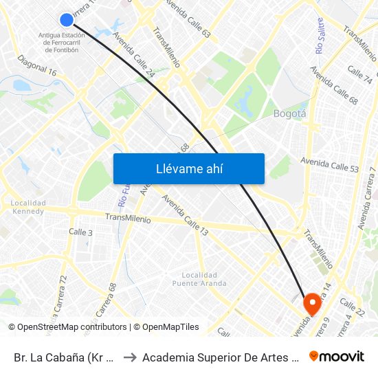 Br. La Cabaña (Kr 100 - Cl 22i) to Academia Superior De Artes De Bogota - Asab map