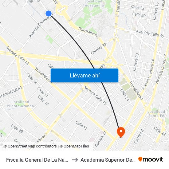 Fiscalía General De La Nación (Av. Esperanza - Ak 50) to Academia Superior De Artes De Bogota - Asab map