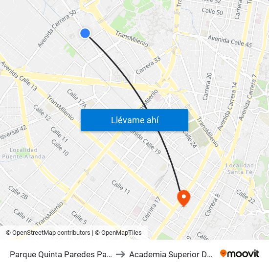 Parque Quinta Paredes Paraíso (Av. Esperanza - Kr 44) to Academia Superior De Artes De Bogota - Asab map