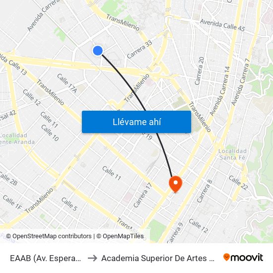 EAAB (Av. Esperanza - Kr 37) to Academia Superior De Artes De Bogota - Asab map