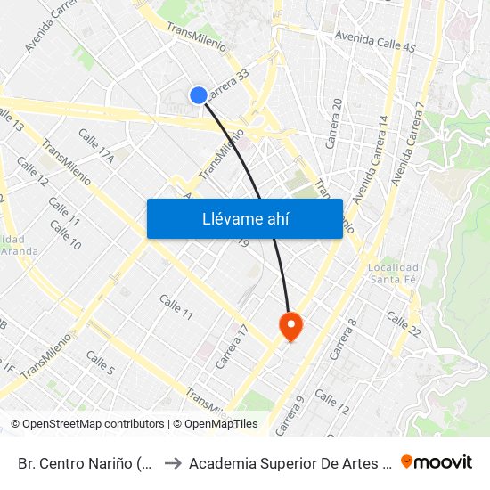 Br. Centro Nariño (Cl 25 - Kr 33) to Academia Superior De Artes De Bogota - Asab map