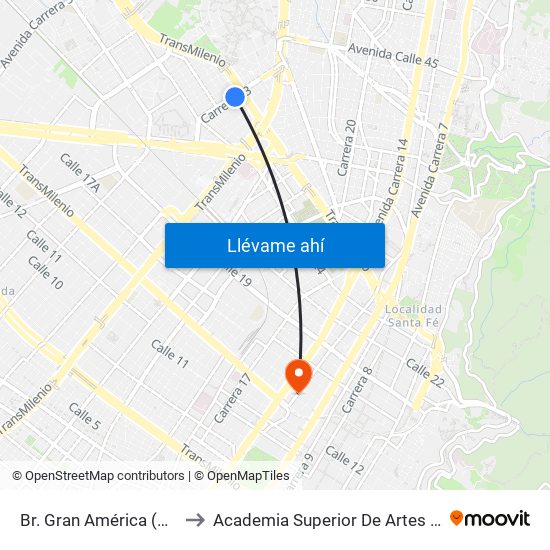 Br. Gran América (Kr 33 - Ac 26) to Academia Superior De Artes De Bogota - Asab map