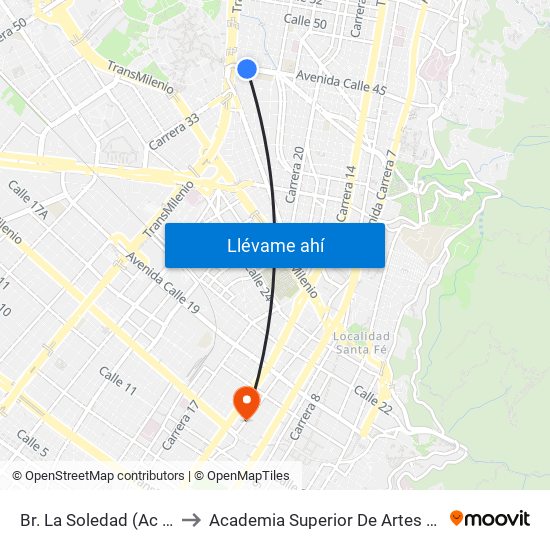 Br. La Soledad (Ac 45 - Kr 27a) to Academia Superior De Artes De Bogota - Asab map