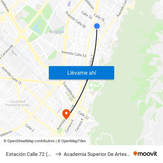 Estación Calle 72 (Ac 72 - Kr 13) to Academia Superior De Artes De Bogota - Asab map