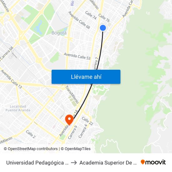 Universidad Pedagógica Nacional (Ac 72 - Ak 11) to Academia Superior De Artes De Bogota - Asab map