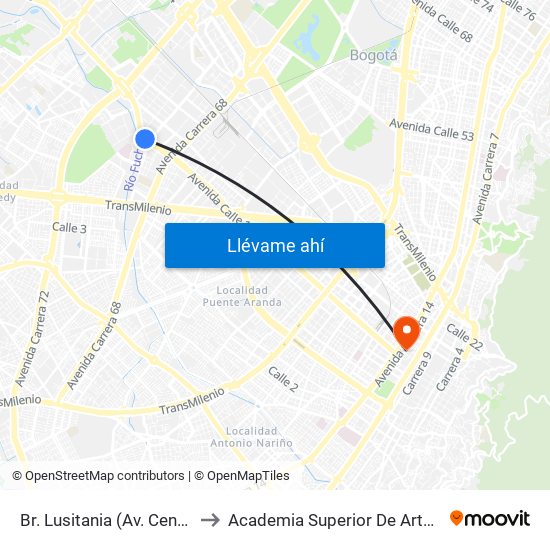 Br. Lusitania (Av. Centenario - Ak 68d) to Academia Superior De Artes De Bogota - Asab map