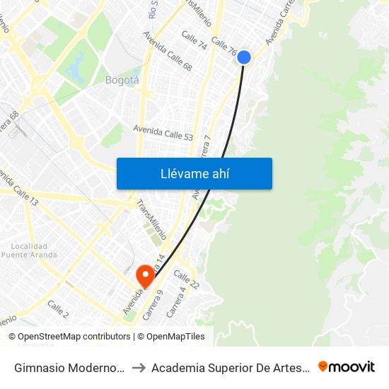 Gimnasio Moderno (Kr 9 - Cl 76) to Academia Superior De Artes De Bogota - Asab map