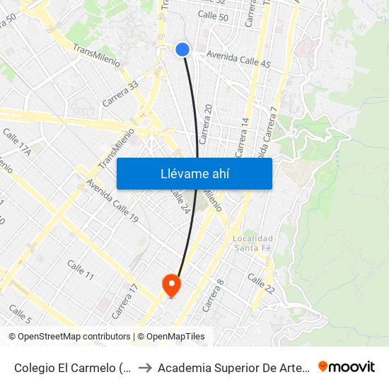 Colegio El Carmelo (Ac 45 - Kr 25a) to Academia Superior De Artes De Bogota - Asab map