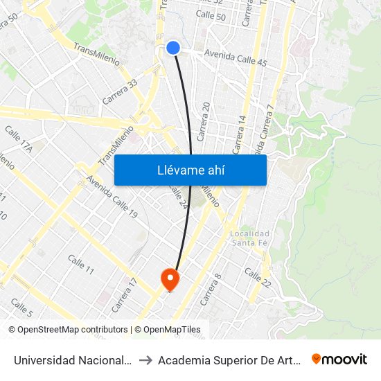 Universidad Nacional (Ac 45 - Kr 27a) to Academia Superior De Artes De Bogota - Asab map