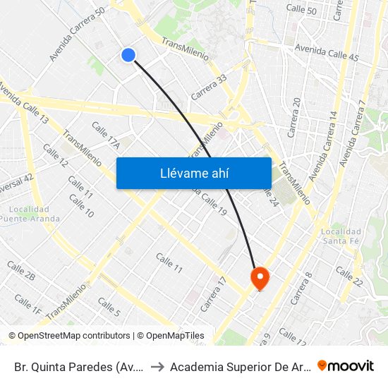 Br. Quinta Paredes (Av. Esperanza - Kr 44a) to Academia Superior De Artes De Bogota - Asab map