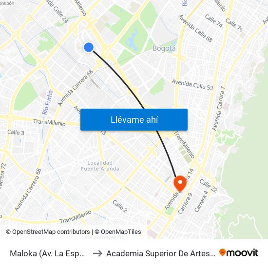 Maloka (Av. La Esperanza - Kr 69) to Academia Superior De Artes De Bogota - Asab map