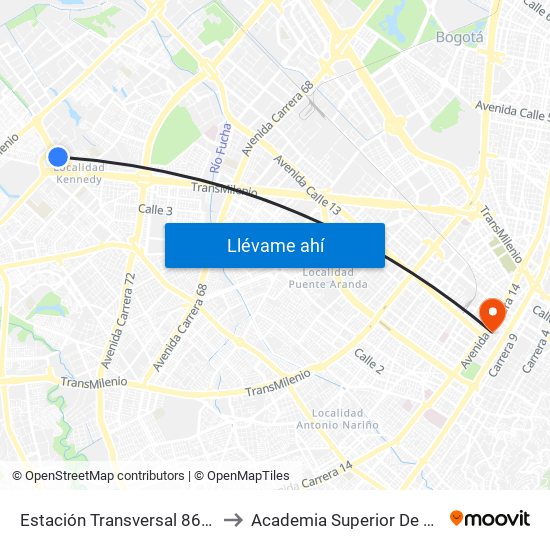 Estación Transversal 86 (Av. Américas - Kr 80c) to Academia Superior De Artes De Bogota - Asab map