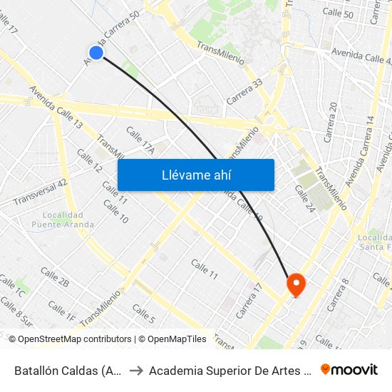 Batallón Caldas (Ak 50 - Cl 19) to Academia Superior De Artes De Bogota - Asab map