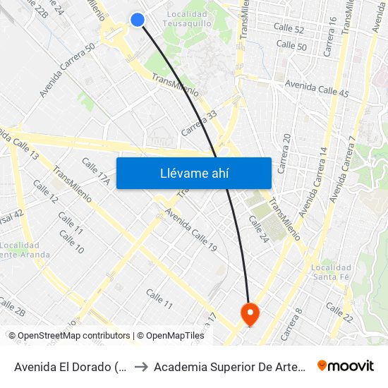 Avenida El Dorado (Ak 50 - Ac 26) to Academia Superior De Artes De Bogota - Asab map