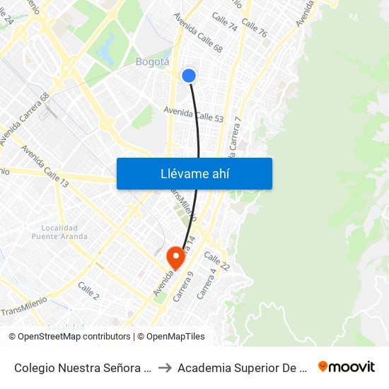 Colegio Nuestra Señora Del Pilar (Ac 63 - Kr 27) to Academia Superior De Artes De Bogota - Asab map