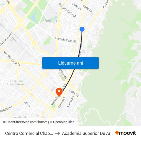 Centro Comercial Chapinero (Ac 63 - Kr 9a) to Academia Superior De Artes De Bogota - Asab map