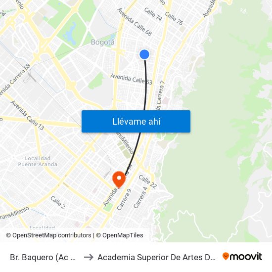 Br. Baquero (Ac 63 - Kr 19) to Academia Superior De Artes De Bogota - Asab map