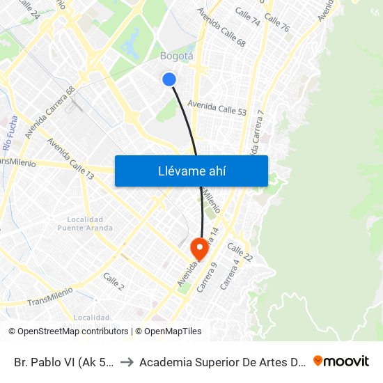 Br. Pablo VI (Ak 50 - Cl 57d) to Academia Superior De Artes De Bogota - Asab map