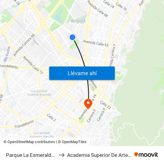 Parque La Esmeralda (Ak 50 - Cl 45) to Academia Superior De Artes De Bogota - Asab map