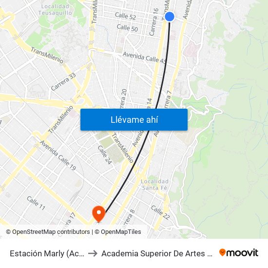 Estación Marly (Ac 53 - Ak 13) to Academia Superior De Artes De Bogota - Asab map