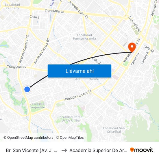 Br. San Vicente (Av. J. Gaitán C. - Cl 54 Sur) to Academia Superior De Artes De Bogota - Asab map
