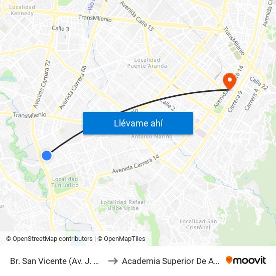 Br. San Vicente (Av. J. Gaitán C. - Cl 53b Sur) to Academia Superior De Artes De Bogota - Asab map