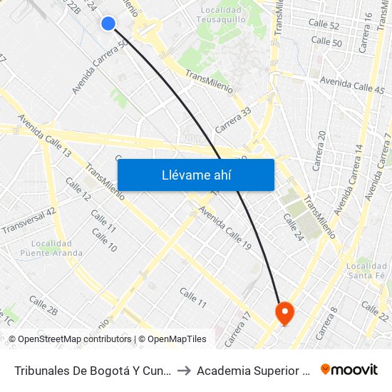 Tribunales De Bogotá Y Cundinamarca (Av. Esperanza - Kr 53) to Academia Superior De Artes De Bogota - Asab map