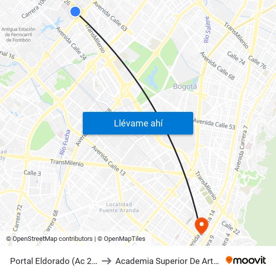 Portal Eldorado (Ac 26 - Av. C. De Cali) to Academia Superior De Artes De Bogota - Asab map