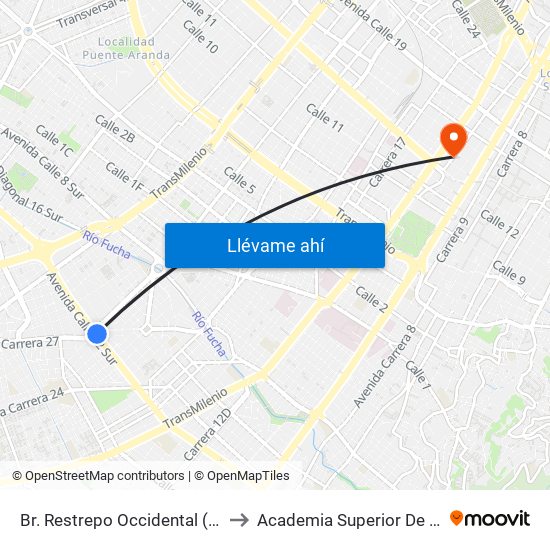 Br. Restrepo Occidental (Av. 1 De Mayo - Kr 26) (A) to Academia Superior De Artes De Bogota - Asab map