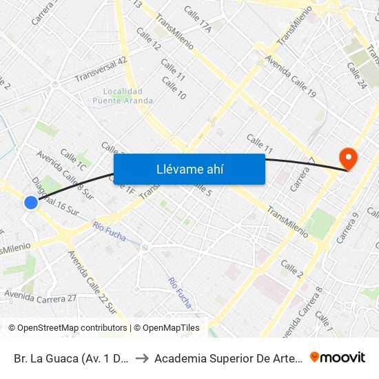 Br. La Guaca (Av. 1 De Mayo - Kr 39) to Academia Superior De Artes De Bogota - Asab map